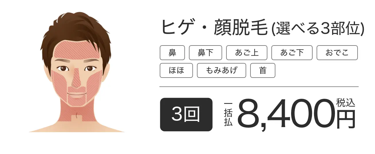 ヒゲ・顔脱毛(選べる3部位) 3回一括払税込8,400円