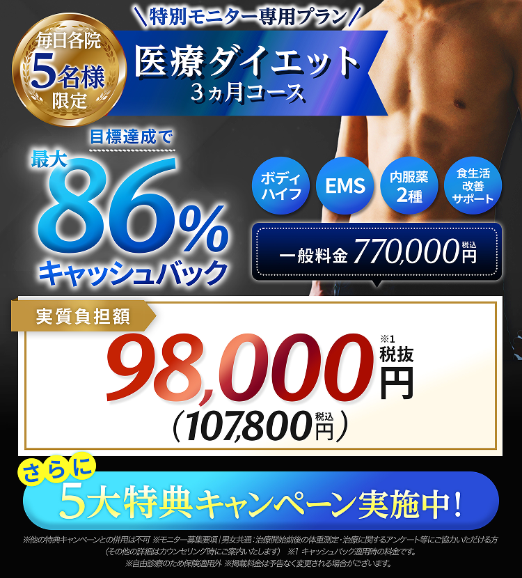 毎日各院先着5名限定特別モニター専用プラン医療ダイエット3ヵ月コースMAX86%OFF!